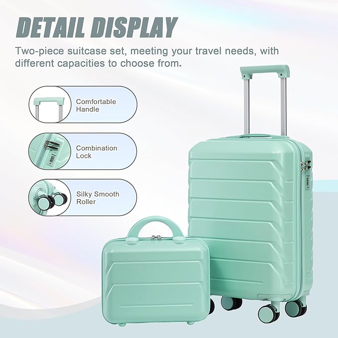 20 Inch Carry on Luggage with 14 Inch Cosmetic Case, 2 Pcs Hardshell Lightweight Durable Spinner Suitcase Set for Travel, Women, Men, TSA Lock, ABS, 20+14 Inch (Mint Green)
