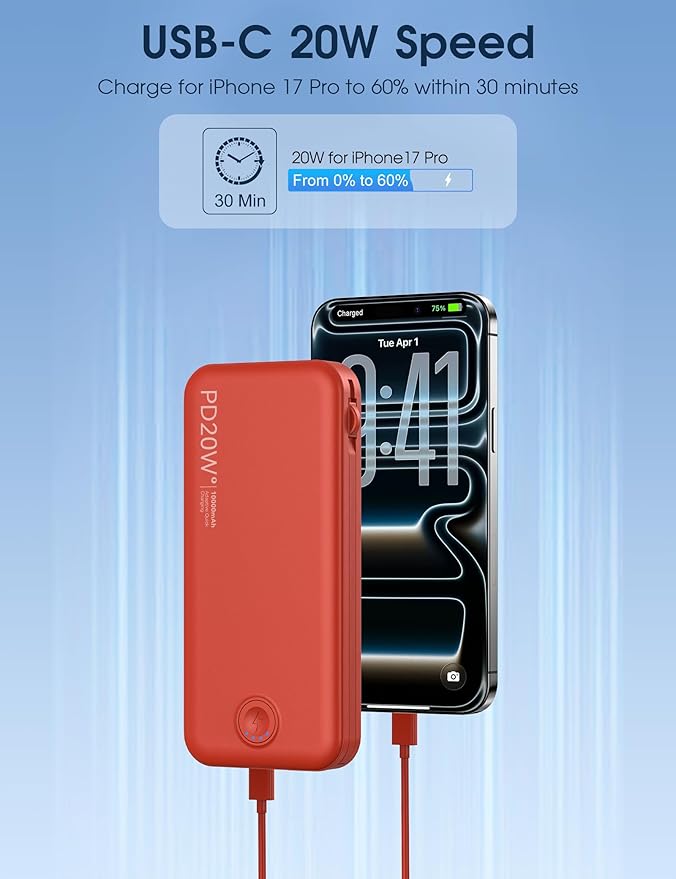 Nusyddy Portable Charger, 10000mAh PD20W Fast Charging Power Bank with Built-in Cables & Wall Plug, Travel Essentials External Battery Pack, USB C Battery Phone Charger for iPhone, iPad, Samsung Red