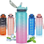 Water Bottle with Straw 1L,Boys Water Bottles with Straw 1 Litre,Waterbottle Leak-Proof Sports Water Bottle,Plastic Drinks Bottles Toxin Free，Bpa-Free (Cyan Pink)