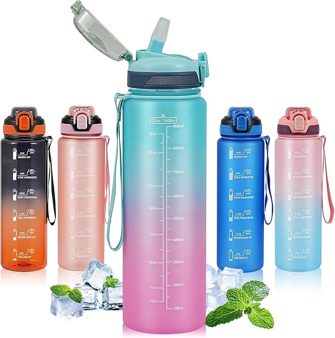 Water Bottle with Straw 1L,Boys Water Bottles with Straw 1 Litre,Waterbottle Leak-Proof Sports Water Bottle,Plastic Drinks Bottles Toxin Free，Bpa-Free (Cyan Pink)