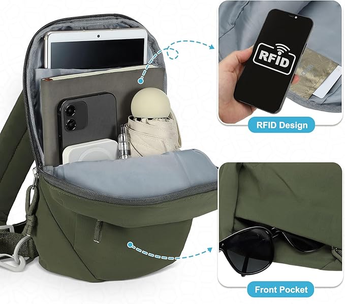 Small Sling Bag with RFID Blocking, Mini Fanny Pack for Women Men, Convertible Crossbody Anti Theft Chest Bag for Travel Hiking Running, Dark Green