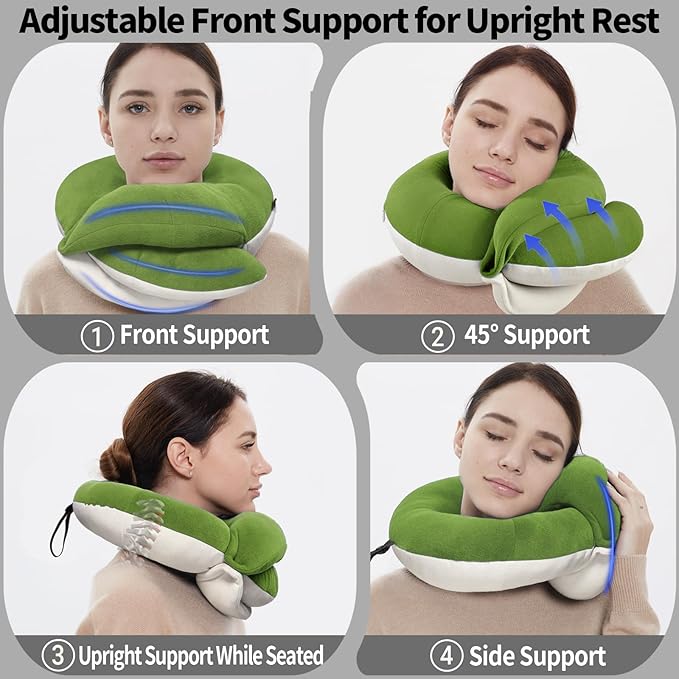 BUYUE Travel Neck Pillows for Airplanes, Memory Foam 360° Head Support Sleep for Long Flight, Skin-Friendly & Breathable, Kit with Eye Mask, Earplugs and Storage Bag (Adult, Green, 90+ lbs)