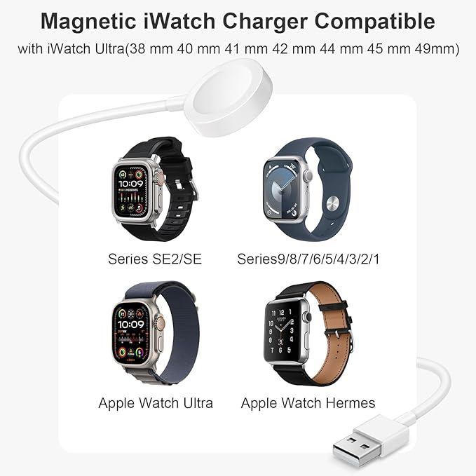 Fast Charger for Apple Watch Charger, Magnetic iWatch Charger to USB A Cable 3.3FT with USB A Wall Plug Adapter for Apple iWatch Series Ultra/10/9/8/7/6/SE/5/4/3/2 (White)