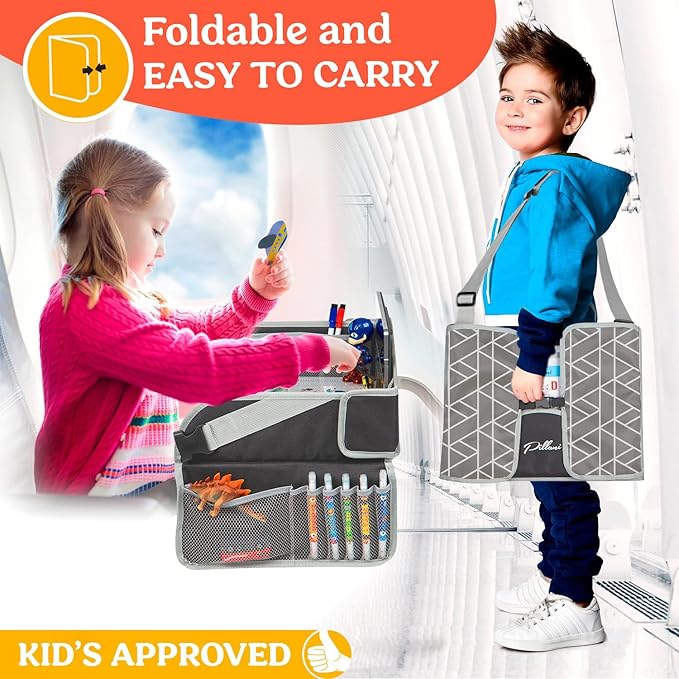 PILLANI Kids Travel Tray for Car - Car Seat Tray for Toddler - Road Trip Essentials Kids w/ iPad Holder Stand, Carseat Table Tray for Kids Road Trip Activities, Toddler Lap Desk Organizer for Airplane