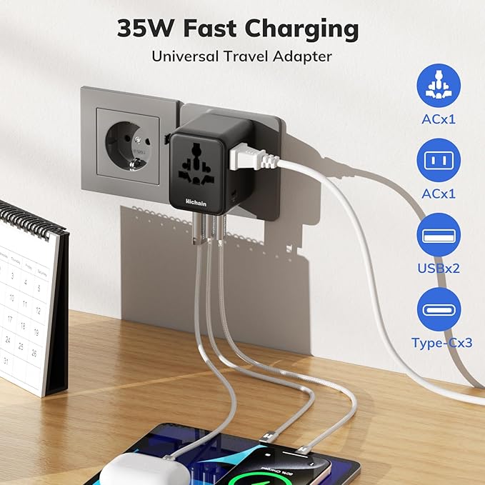Hichain International Power Adapter 35W, Universal Travel Adapter 7-in-1 Worldwide Plug Power International Charger for Business Travelers Vacationers, Fast Charging for iPhone 17/16, Tablets, GoPro