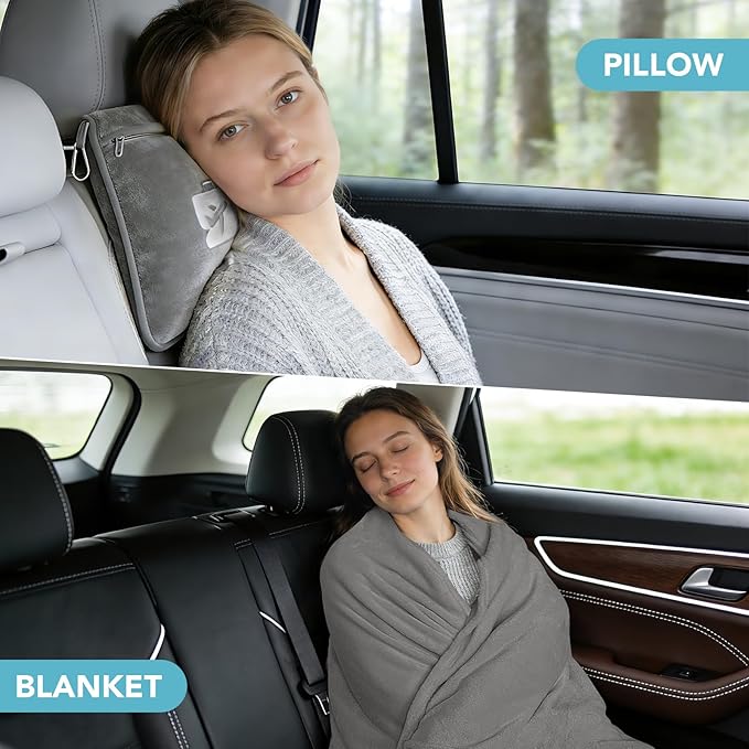 SINLAND Travel Pillow and Blanket 2-in-1 Set,Airplane Packable Bag,Soft and Lightweight Plane Flight Car Trips Travel Essentials Gift,Hand Luggage Sleeve and Backpack Clip,60x50 Inch Grey