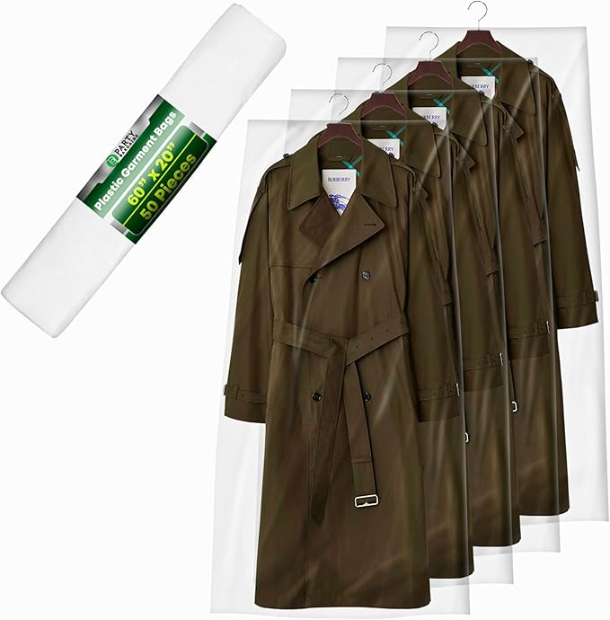 PARTY BARGAINS 60 x 20 Inch Disposable Clear Garment Bags, 50 Pack – Heavy-Duty Plastic Clothes Covers for Suits Dresses Coats, Closet & Travel