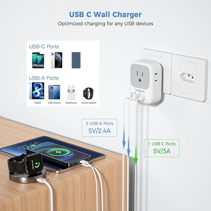TESSAN Switzerland Power Adapter, Swiss Travel Adaptor with 4 American Outlets 3 USB Charger (1 USB C Port), Type J Plug for US to Liechtenstein Rwanda
