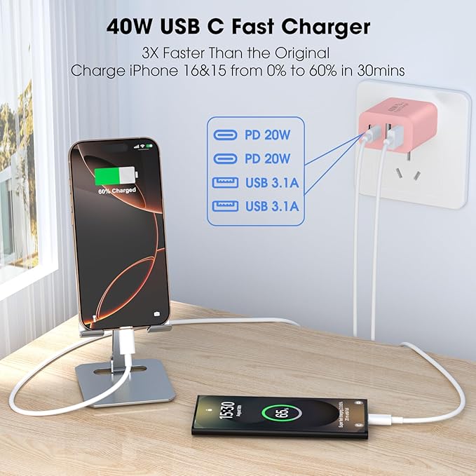 USB C Charger Block, 2 Pack 40W 4-Port iPhone Charger Fast Charging Multiport PD 3.0 & QC 4.0 Double Quick Charge, Compatible with iPhone 17/16/15/14/13/12/11，Pro Max，iPad, Samsung (2, Pink)
