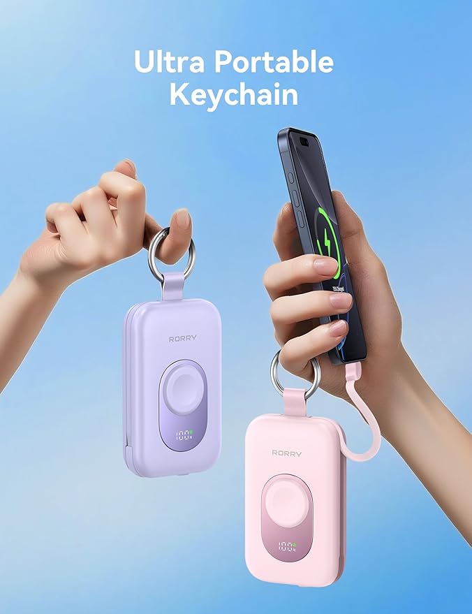 RORRY CharmGo Portable Charger, 20000mAh PD 30W Portable Charger Power Bank with 2 Built-in Cables, Fast Charging Battery Pack with Keychain, Travel Essentials for iPhone, Apple Watch, iPad, Mulberry