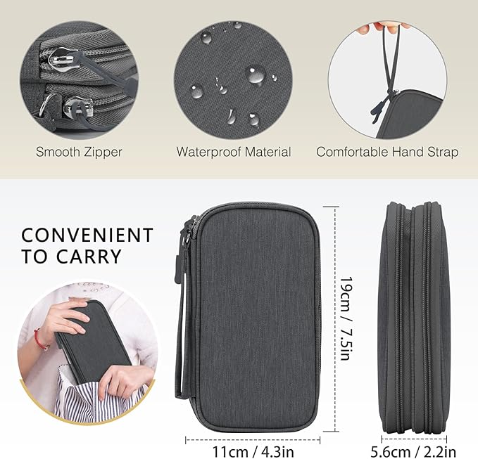 Skycase Electronic Organizer Travel Case - Waterproof Travel Cord Pouches for Organization, Cable Organizer, All-in-One Double Layers Storage Bag for Accessories, Charger, Cable, Grey - Medium