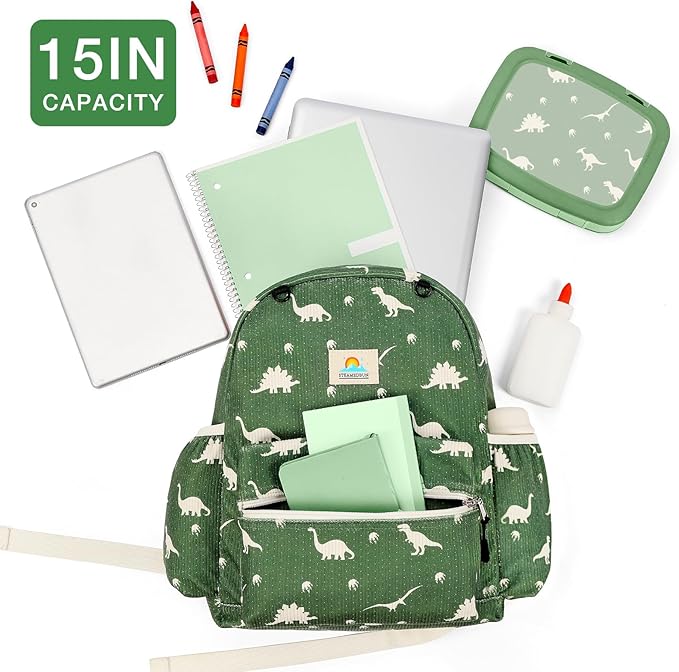 STEAMEDBUN Corduroy Kids Backpack for Boys and Girls 5-8: Boys Backpack for Elementary Kindergarten - 15 inch Cute Backpacks for Kids - Dinosaur