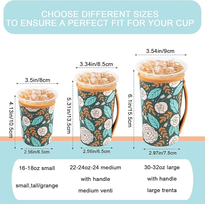 KJQJLY 3 Pack Reusable Iced Coffee Sleeves for Iced Coffee Cups or Drinks Reusable Neoprene Insulated Sleeves for Hot and Cold Drinks from Starbucks, Dunkin, And More (Roses)