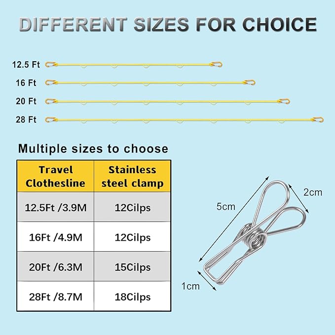 Portable Travel Clothesline, Windproof Clothes Laundry Line with Clothespins & Hang Holes, Indoor & Outdoor Clothes Drying Rope for Hotel, Backyard,Cruise Ships, Camping (Yellow, 20 Ft)