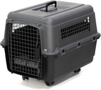 SportPet Airline Compliant MEDIUM 26.5" Travel Dog Kennel-Durable Plastic Airline Pet Carrier w/ Removable Wheels & Food Bowls, Collapsible Indoor/Outdoor Dog Kennel, Dogs up to 23"L & 15"H-Dark Gray