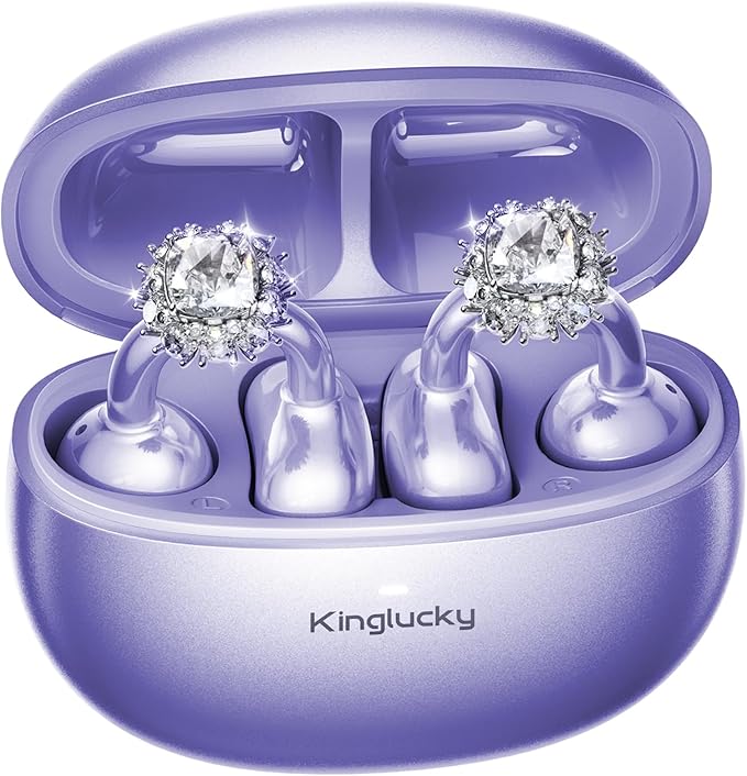 Kinglucky Jewelry-Inspired Clip-On Earbuds with Diamond Earrings, Comfortable Fit & 40H Playtime Open Ear Bluetooth 5.4 Wireless Headphones for Women, Small Ears, Sports & Workouts (Purple)