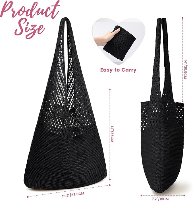Pleneal Crochet Tote Bag, Mesh Beach Bag, Knitted Shoulder Beach Bags for Women Vacation Aesthetic Hobo Tote Bags