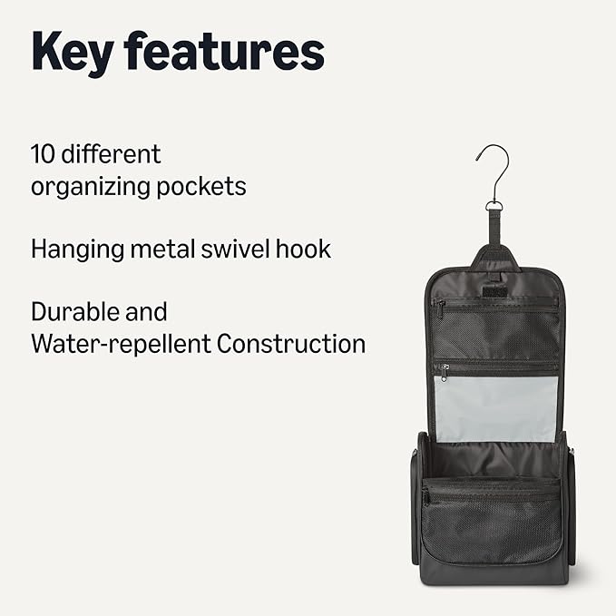 Amazon Essentials Waterproof Travel Toiletry Bag for Men and Women, Hanging Dopp Kit with Multiple Interior Pockets, 2 Side Pockets, Black, 10" x 4" x 10"