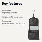 Amazon Essentials Waterproof Travel Toiletry Bag for Men and Women, Hanging Dopp Kit with Multiple Interior Pockets, 2 Side Pockets, Black, 10" x 4" x 10"