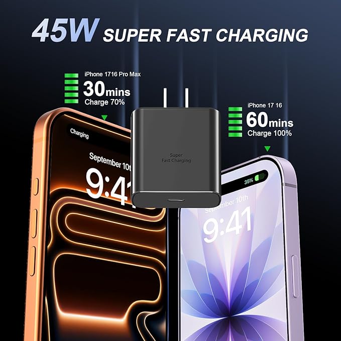 Phone 17 16 Pro Max Charger Fast Charging, 45W USB C Phone 17 16 Super Fast Charger Block with 6.6ft Long Type C Charging Cable Cord for i.Phone 17 Pro Max/17 Pro/17 Air/17/16/16Pro/16 ProMax /-Black
