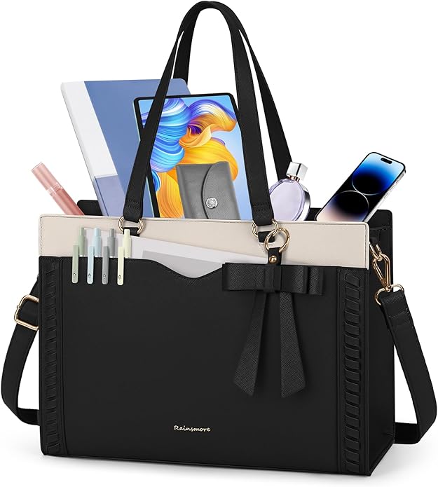 RAINSMORE Laptop Bag for Women 15.6 Inch Work Tote Bag with Detachable Strap & Bow Professional Laptop Tote with Cup Holder