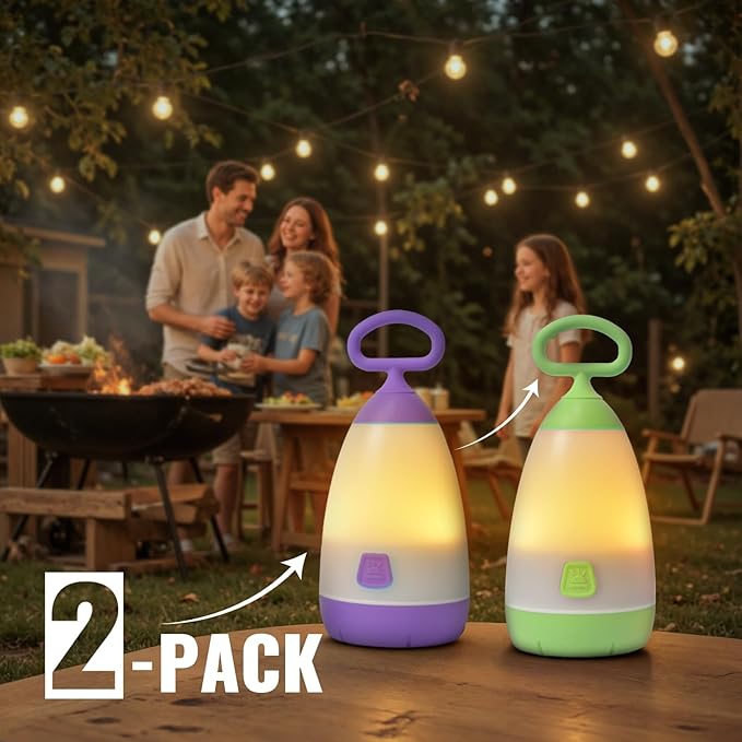 Kids Camping Lantern & Night Light Battery Powered, 360° Eye-Safe Light (AAA Included), IPX4 with RGB Modes Portable for Outdoor, Emergency , Gift for Children (Purple+Green 2 Pack)