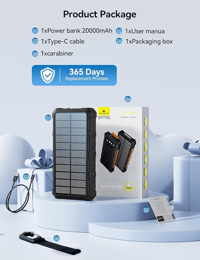 Solar-Charger-Power-Bank - 20000mah Solar Powered Battery Charger Cell Phone,20W Fast Charging Built in Cables,Camping Essentials Portable External Battery Pack Compatible with Multiple Devices