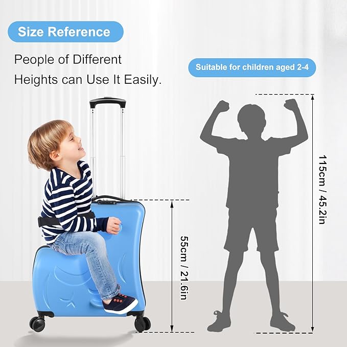 22 Inch Kid Ride Suitcase, Kid Luggage Seat Ride With Lock - Kids Travel Trolley With Safety Belt, Luggage For Kids Airplane Travel,Suitcase To Aged 1-6 Years Old,ABS+PC(Blue)