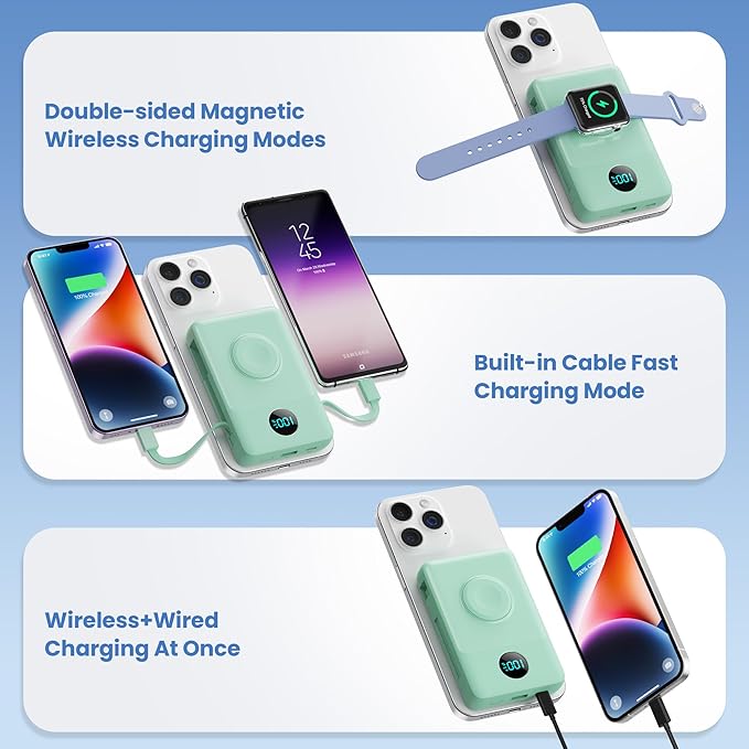 6 in 1 Magnetic Portable Charger for iPhone with Built-in Cables, 10800mAh 25W PD Fast Charging Power Bank, 6 Outputs LCD Display Travel Essential Battery Pack for iPhone 17/16/15/14/13/12 (Green)