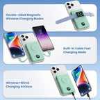 6 in 1 Magnetic Portable Charger for iPhone with Built-in Cables, 10800mAh 25W PD Fast Charging Power Bank, 6 Outputs LCD Display Travel Essential Battery Pack for iPhone 17/16/15/14/13/12 (Green)