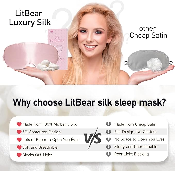 LitBear 100% 22 Momme Mulberry Silk Sleep Mask - 3D Contoured Eye Mask for Men Women, Soft Breathable Sleeping Mask with Adjustable Strap, Perfect Blocks Light for Sleeping (Light Pink)
