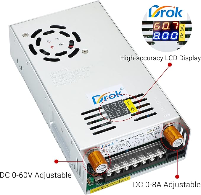 DROK 60V Power Supply, AC 110V 220V to DC 0-60V 0-8A 480W Buck Converter, Amp Adjustable Adapter Regulated 12V 24V 36V 48V 60Volt Switching Voltage LED Transformer Charger for Computer CCTV Lab