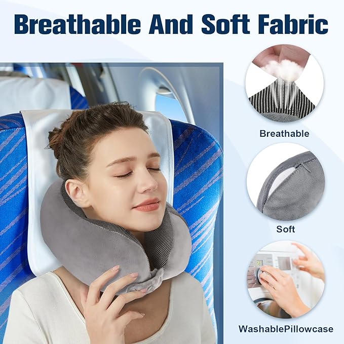 Cirorld Neck Pillow for Traveling, Travel Pillows for Airplanes,100% Pure Memory Foam Travel Neck Pillow, Adjustable Flight Pillow, Portable Plane Accessories with Eye Mask, Earplugs, Carry Bag