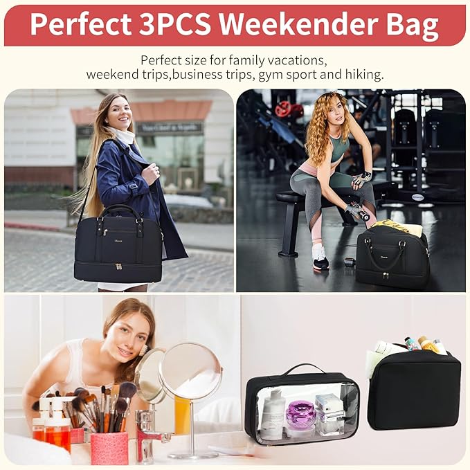 Wogarl 4PCS Weekender Bags for Women Large Overnight Weekend Travel Duffel Carry on Shoulder with Shoe Compartment Canvas Toiletry Bag for Travel Business Gym