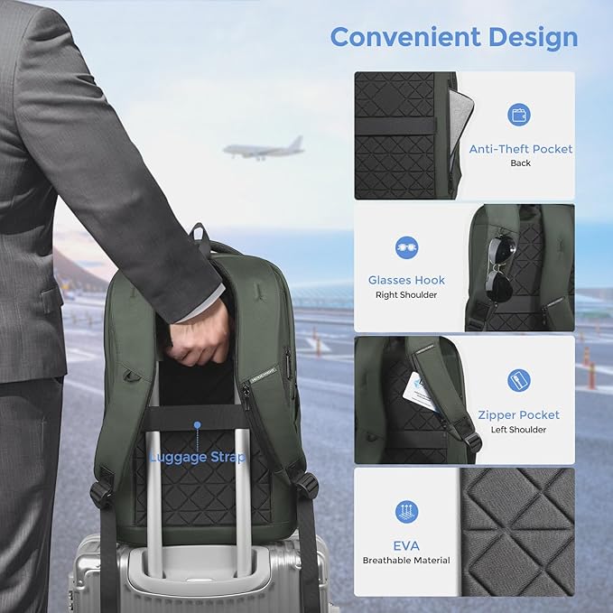 17.3 Inch Laptop Backpack for Travel Work Office College, 30L Water Resistant Casual Daypack, Lightweight Computer Backpack for Men Women, Business Laptop Bag with USB Charging Port - Green