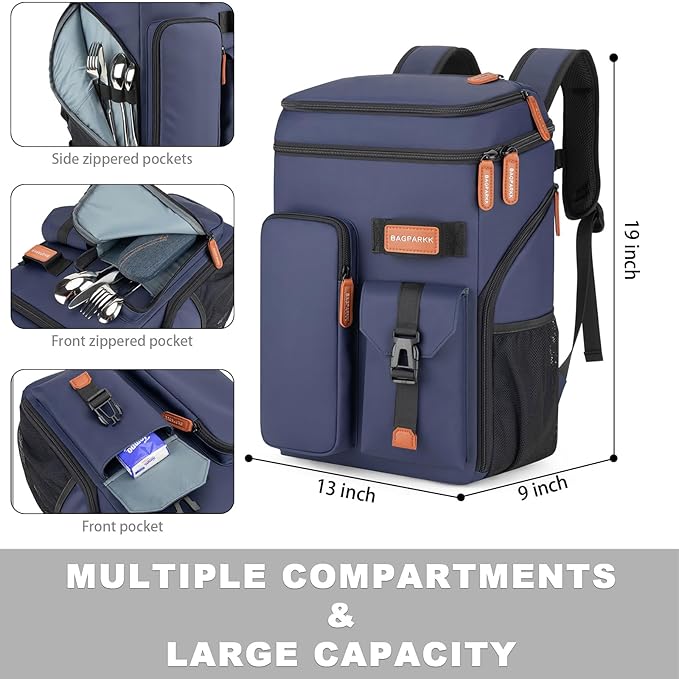 BAGPARKK Insulated Cooler Backpack,33/45 Cans Multifunctional Double Deck Leakproof Cooler Bag with Sternum Strap,Large Capacity Lightweight Travel Camping Beach Backpack