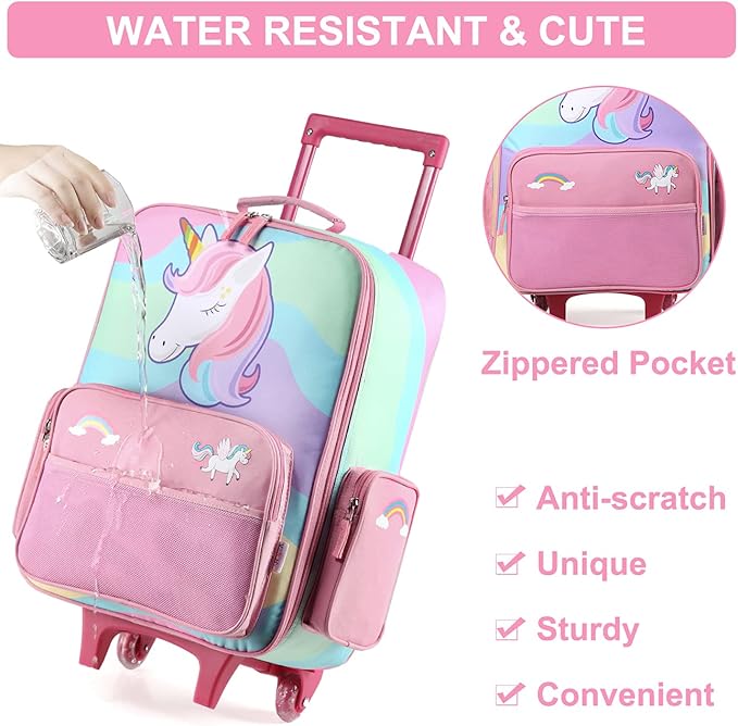 VASCHY Kids Luggage for Girls, Cute Rolling Travel Carry on Suitcase for Toddlers/Children with Wheels 18inch Unicorn