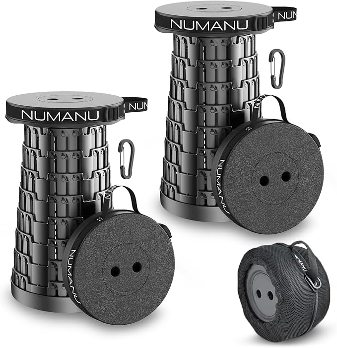 NUMANU 2PK 2026 Upgraded Collapsible Stool, Max 620lbs, 18" H Adjustable Portable Folding Stool for Adults, Retractable Foldable Telescopic Seat Camping Chair or Footrest