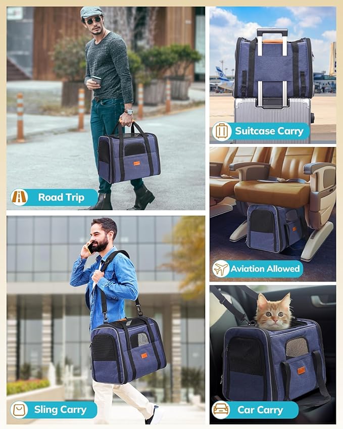 Morpilot Pet Travel Carrier Bag, Soft-Sided Dog Carrier Cat Carrier Pet Carrier, for Large Cats and Medium Puppies up to 25lbs, with Locking Safety Zippers, Foldable Bowl (Dark Blue)