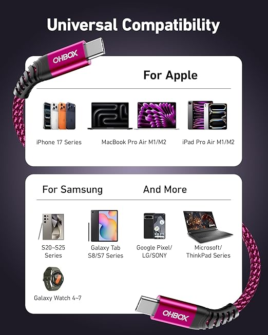 USB C Cable [2Pack 10FT], USB C to USB C Cable for Car Durable Braided iPhone USB Type C Cable Fast Charging 60W USBC to USBC Cord for iPhone 17/16/15/Pro Max, Samsung Galaxy S23 and More-Rose Red