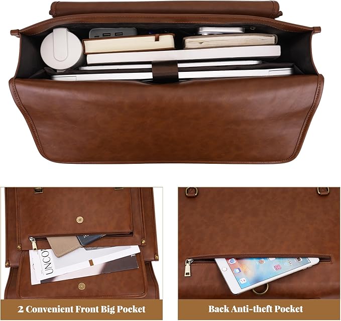 MOSISO 3 in 1 Laptop Bag, 17.3 inch PU Leather Shoulder Bag Briefcase Messenger Satchel Laptop Backpack, 17-17.3 inch Computer Bags Handbag Bookbag, Brown