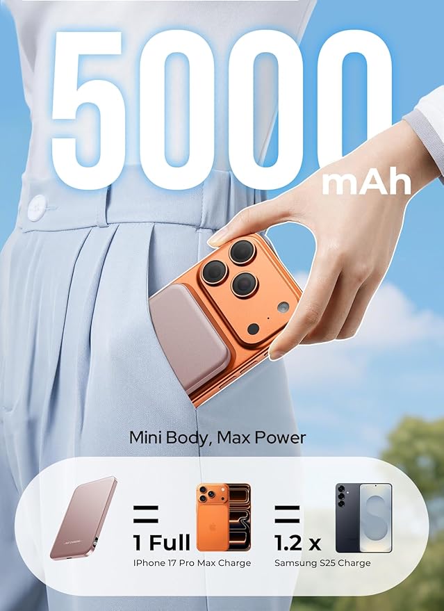 Aobbow Magnetic Portable Charger, 5000mAh Ultra Slim Power Bank, 15W Fast Charging for Magsafe Battery Pack, Travel Essential Wireless Charger Compatible with iPhone 17/16/15 Series - Rose Gold