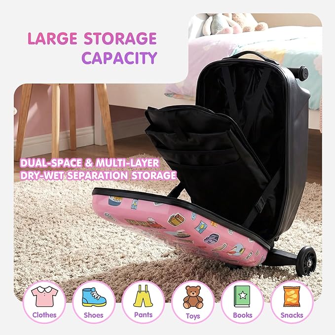 smilesun 4-in-1 Detachable Scooter Luggage for Kids & Teens, Foldable Hardside Ride On Suitcase with LED Wheels, Stylish and Safe Design(Pink)
