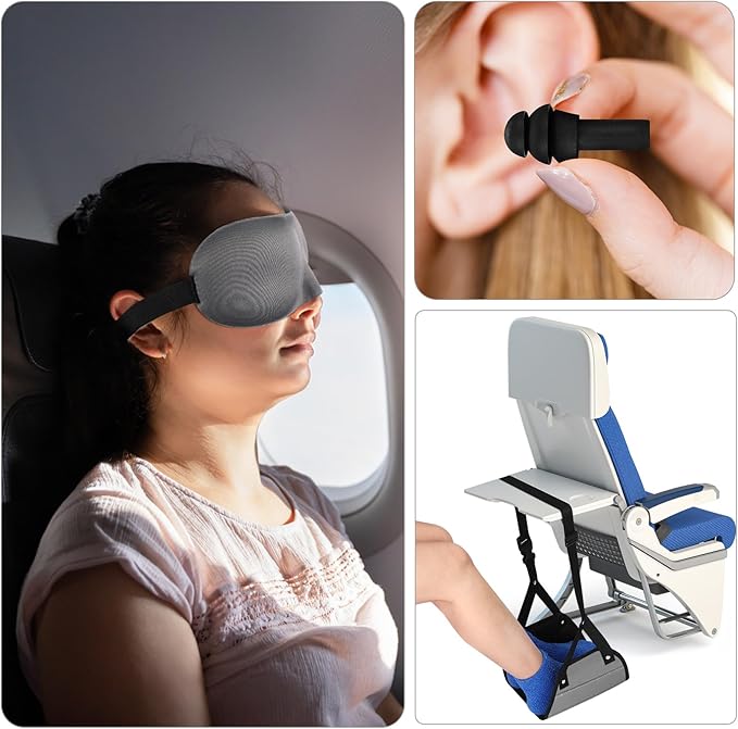 Yerliker Airplane Foot Hammock(Memory Foam) with Earplugs and Eye Mask Travel Necessities Adjustable Airplane Desk Foot Rest for Long Trip Pain and Swelling Relief(Gray)