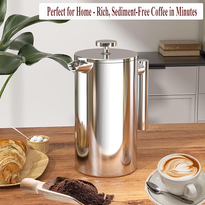 French Press Coffee Maker, 34 Oz Stainless Steel, Triple Mesh Filter, Double Wall Insulated, for Coffee & Tea, Portable for Home, Office, Camping & Travel