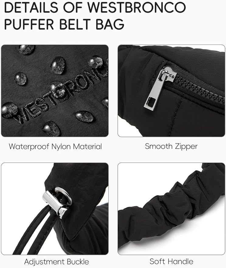 WESTBRONCO Puffer Fanny Packs for Women Small Crossbody Sling Bag, Nylon Quilted Belt Bag for Travel Hiking Running Waist Bag with Adjustable Strap