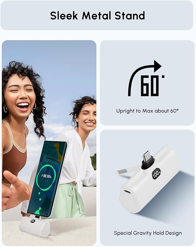 USB C Portable Phone Charger for iPhone 17 Pro Max, Mini Power Bank 5000mah with Digital Display & Duarable Kickstand for Type c Phones, Slim Backup Charger Battery for Samsung/Google-White