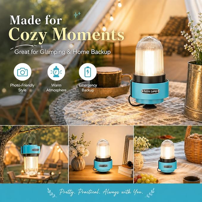 HOMY Rechargeable Camping Lantern, USB-C Dimmable Warm Light, IPX4 Waterproof, Emergency Lantern for Power Outages, Camping, Hiking