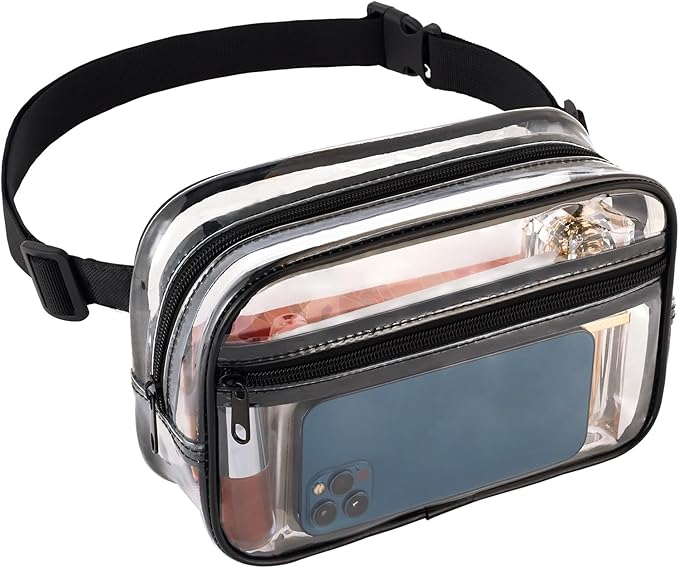 Clear Fanny Pack for Stadium Events - Clear Bag for Women Men | Lightweight Waist Pack for Concerts, Sports Games Day & Travel Stadium Approved Transparent Bag (Black)