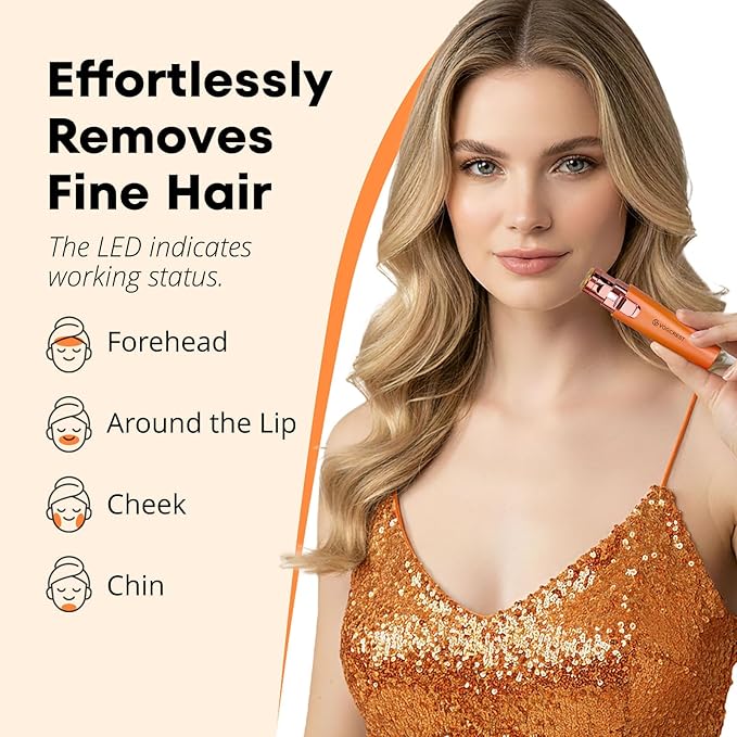 VG VOGCREST Eyebrow Facial Trimmer: 2 in1 Rechargeable Facial Hair Removal and Eyebrow Shaver - Face Lips Body Painless Facial Razor with Built-in LED Light (Orange)